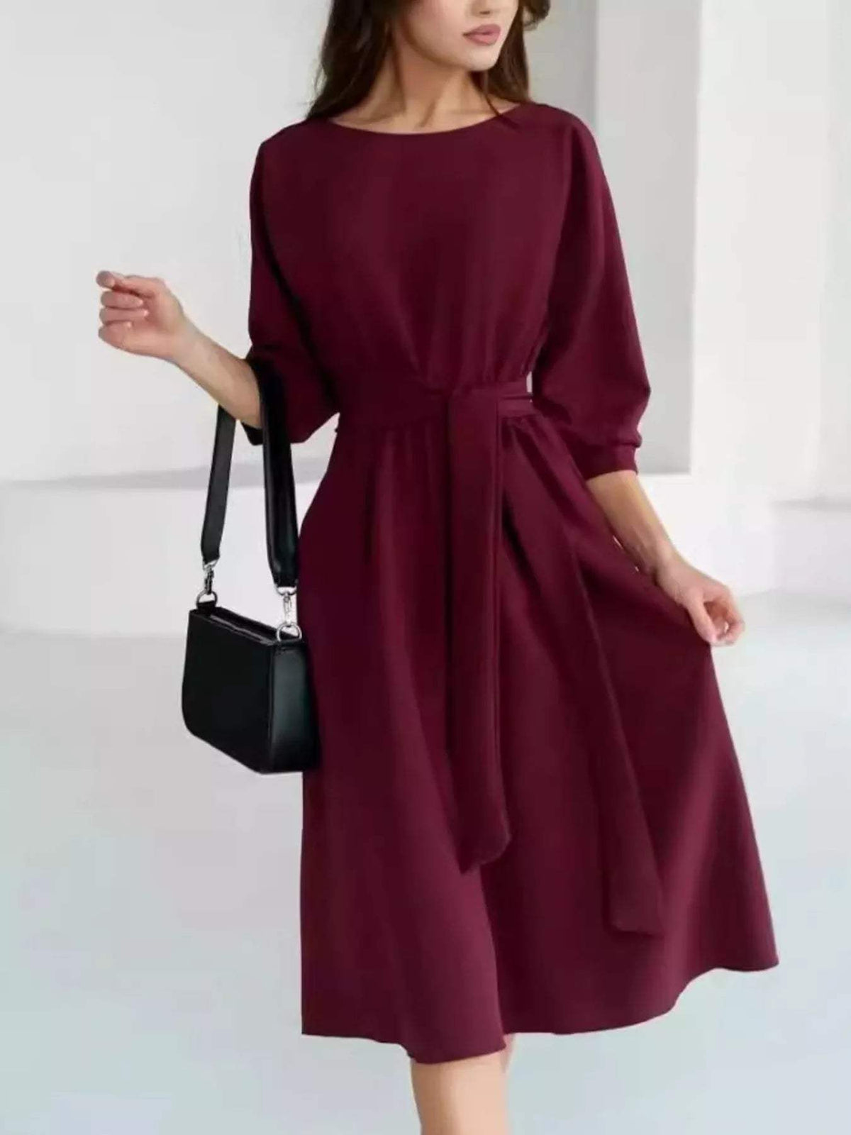 Elegant Belted Waist Midi Dress - Trendsi - Flyclothing LLC