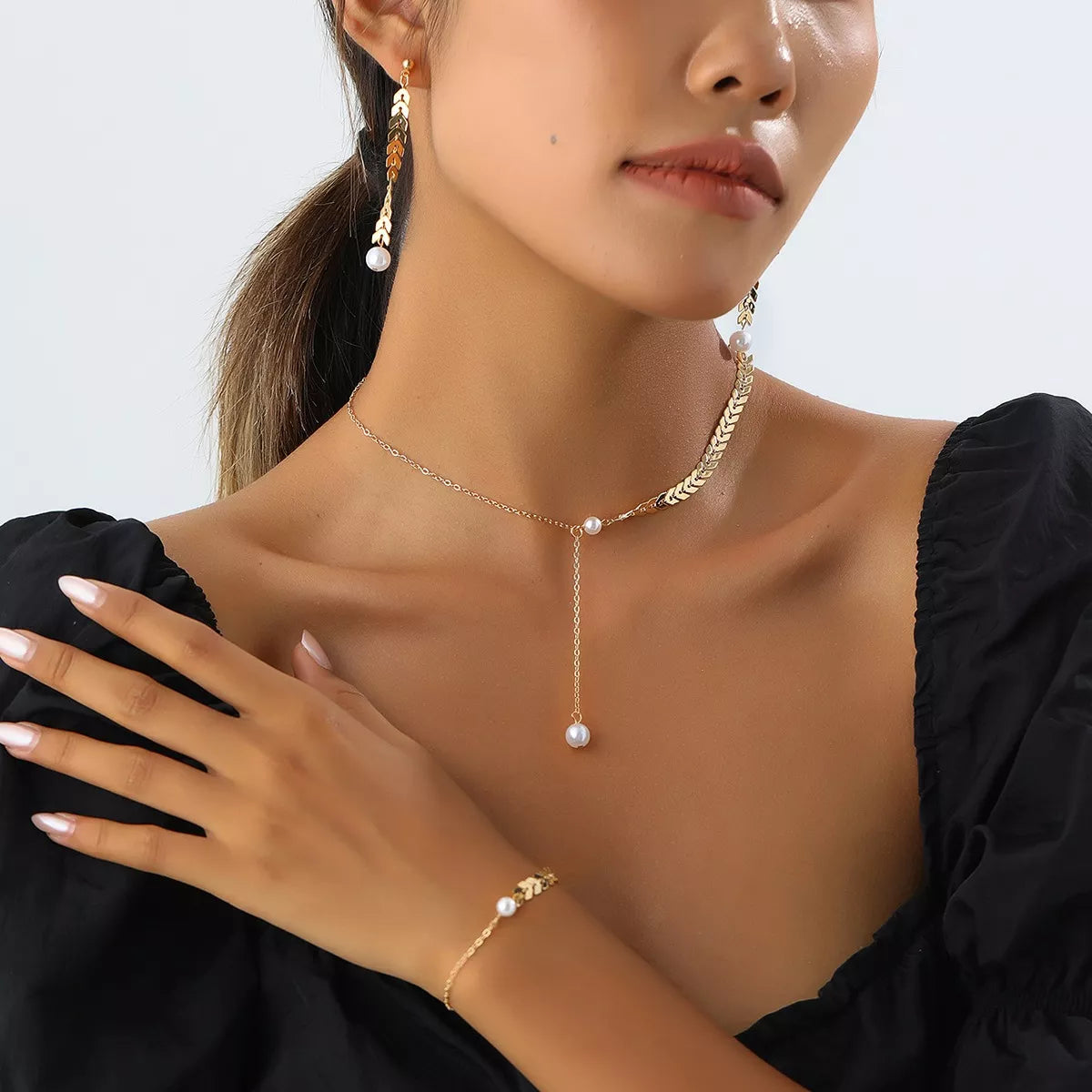 Wheat‑Spike Faux Pearl Necklace Bracelet Earrings 3‑Pcs Jewelry Set - Trendsi - Flyclothing LLC
