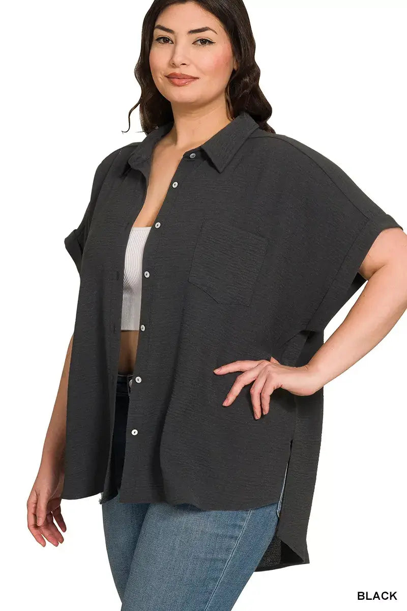 Zenana Full Size Woven Airflow Button Down Shirt Plus Size - Trendsi - Flyclothing LLC