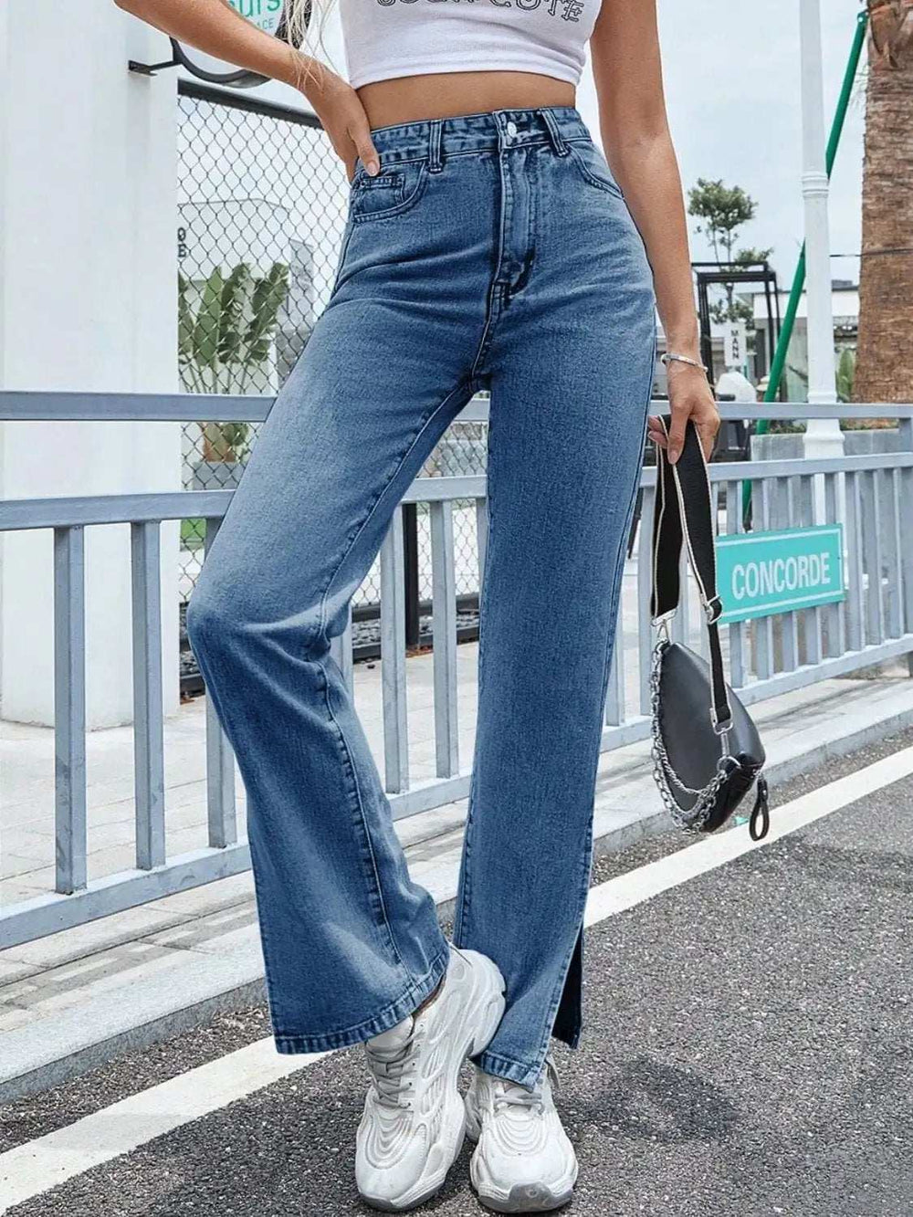 Slit High Waist Jeans with Pockets - Trendsi - Flyclothing LLC