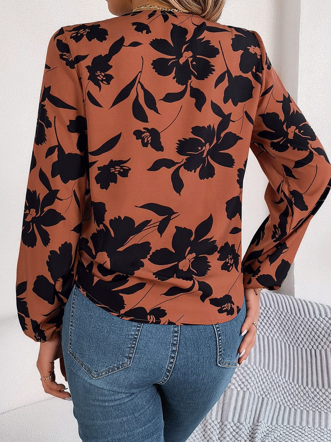 Printed V-Neck Long Sleeve Blouse - Trendsi
