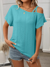 Eyelet Asymmetrical Shoulder Short Sleeve T-Shirt - Trendsi - Flyclothing LLC
