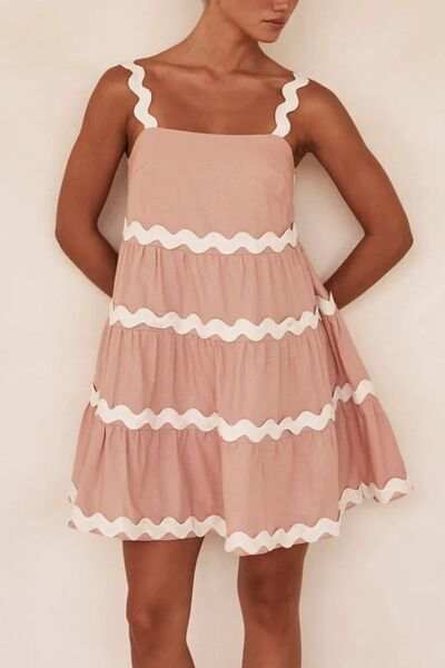 Contrast Trim Square Neck Tiered Dress - Trendsi - Flyclothing LLC