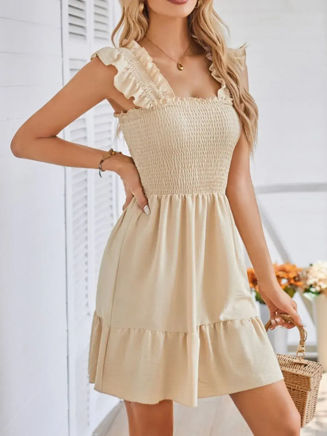 Smocked Square Neck Wide Strap Dress - Trendsi - Flyclothing LLC