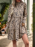 Frill Printed Mock Neck Long Sleeve Mini Dress - Trendsi