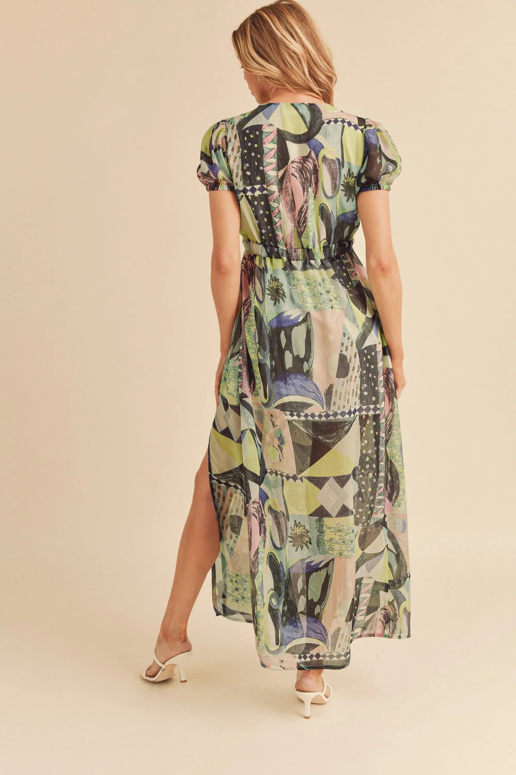 Aemi + Co Lace Detail Slit Geometric Print Short Sleeve Maxi Dress - Trendsi - Flyclothing LLC
