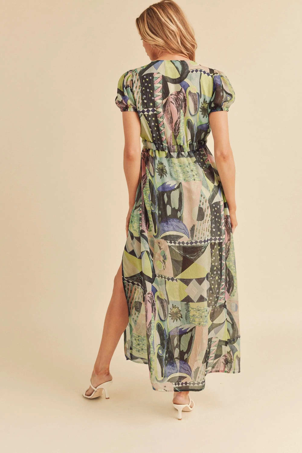 Aemi + Co Lace Detail Slit Geometric Print Short Sleeve Maxi Dress - Trendsi - Flyclothing LLC