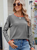 Striped Contrast Round Neck Long Sleeve Sweater - Trendsi - Flyclothing LLC