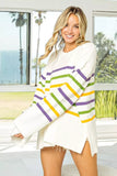 BiBi Ribbed Hem Mardi Gras Stripe Sweater - Trendsi - Flyclothing LLC