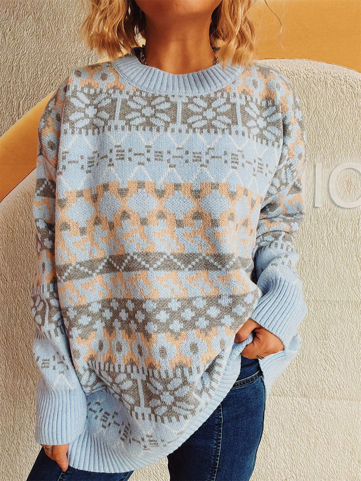 Geometric Round Neck Dropped Shoulder Sweater - Trendsi - Flyclothing LLC
