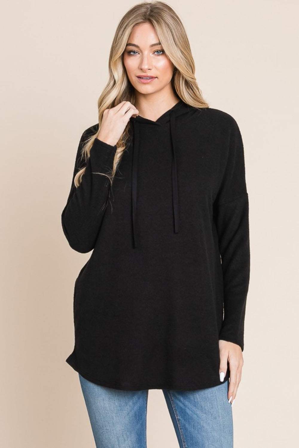 BOMBOM Contrast Drawstring Drop Shoulder Knit Hoodie - Trendsi - Flyclothing LLC