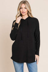 BOMBOM Contrast Drawstring Drop Shoulder Knit Hoodie - Trendsi - Flyclothing LLC