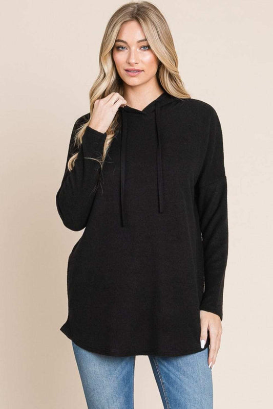 BOMBOM Contrast Drawstring Drop Shoulder Knit Hoodie - Trendsi - Flyclothing LLC