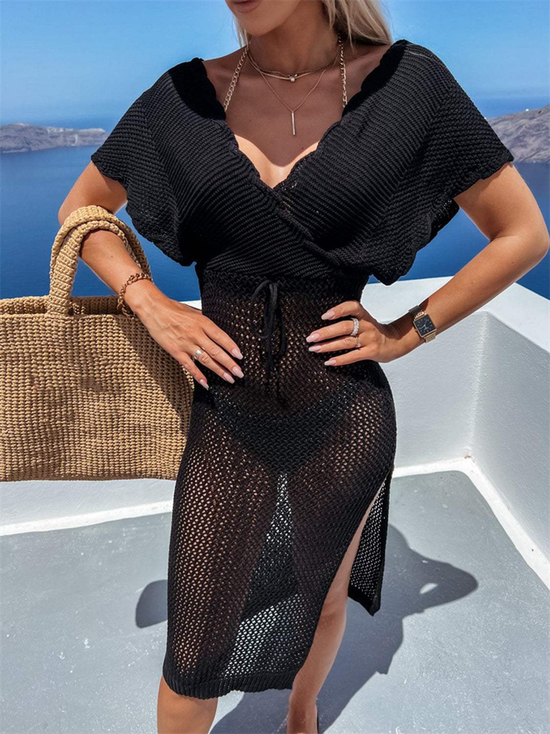 Slit Surplice Cap Sleeve Cover Up - Trendsi - Flyclothing LLC