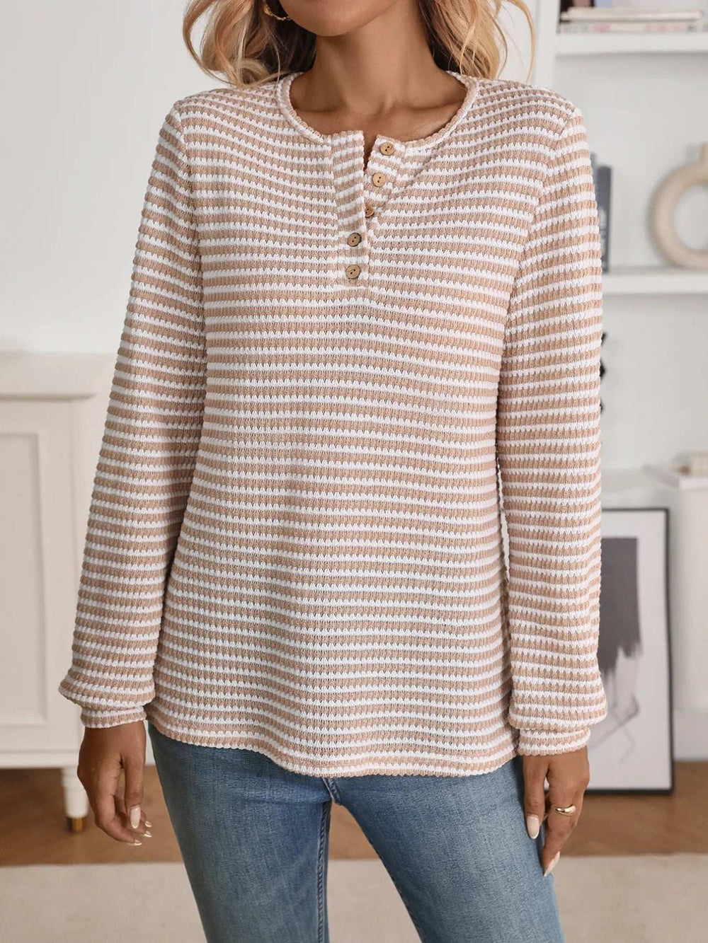Striped Button Detail Long Sleeve Top - Trendsi - Flyclothing LLC