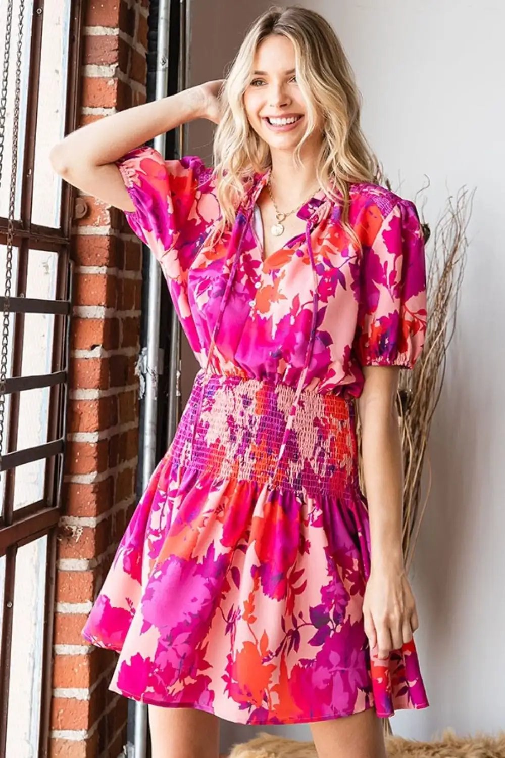First Love Floral Short Sleeve Smocked Mini Dress - Trendsi