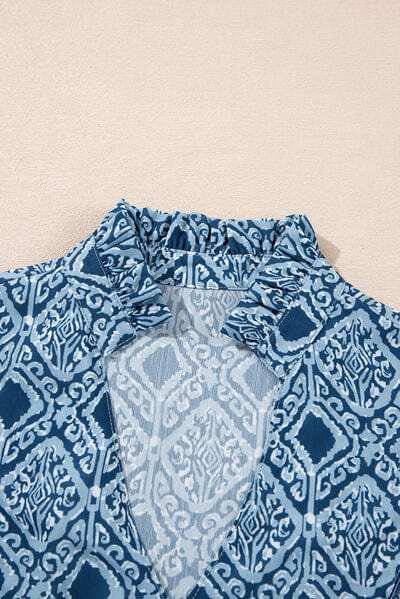 Geometric Print Frilled Notched Blouse - Trendsi - Flyclothing LLC