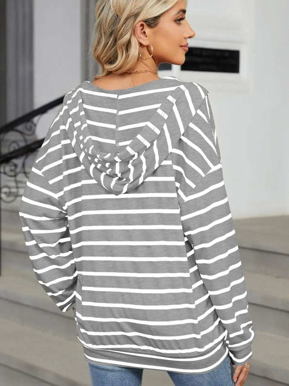 Drawstring Striped Long Sleeve Hoodie - Trendsi - Flyclothing LLC