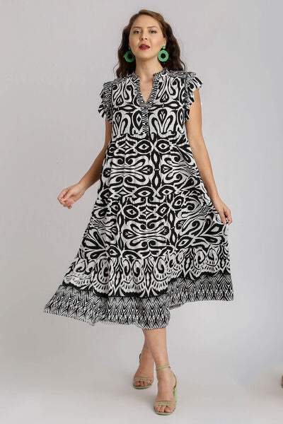 Umgee Full Size Two Tone Border Print Ruffle Cap Sleeve Midi Dress Plus Size - Trendsi - Flyclothing LLC