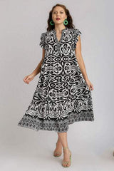Umgee Full Size Two Tone Border Print Ruffle Cap Sleeve Midi Dress Plus Size - Trendsi - Flyclothing LLC
