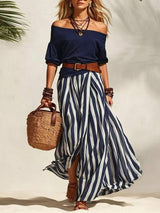 Off Shoulder Top and Striped Maxi Skirt Set - Trendsi - Flyclothing LLC