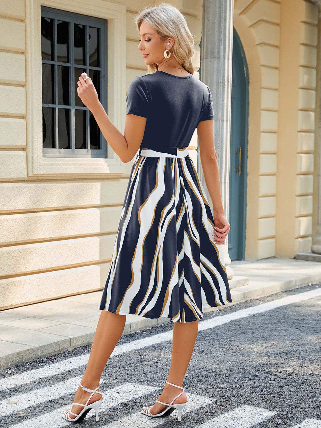 Printed Tie Waist Short Sleeve Dress - Trendsi - Flyclothing LLC