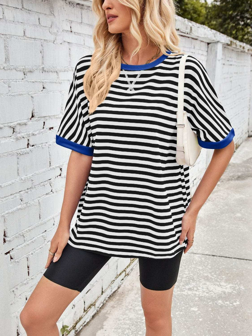 Lovelet Striped Round Neck Half Sleeve T-Shirt - Trendsi - Flyclothing LLC