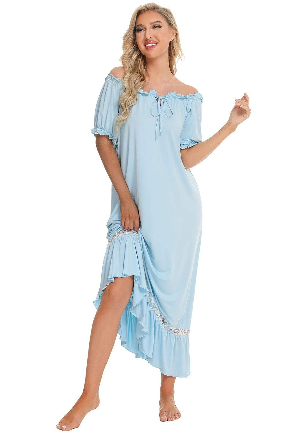 Lace Detail Short Sleeve Lounge Dress - Trendsi - Flyclothing LLC