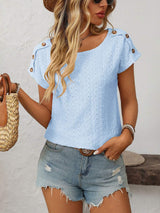 Mandy Eyelet Round Neck Short Sleeve Top - Trendsi - Flyclothing LLC