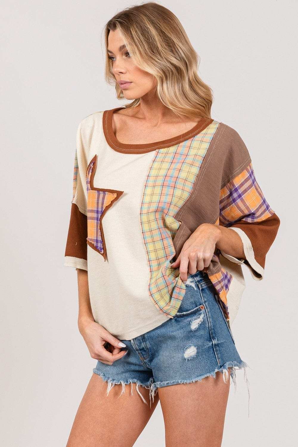 SAGE + FIG Round Neck Plaid Star Patch T-Shirt - Trendsi - Flyclothing LLC