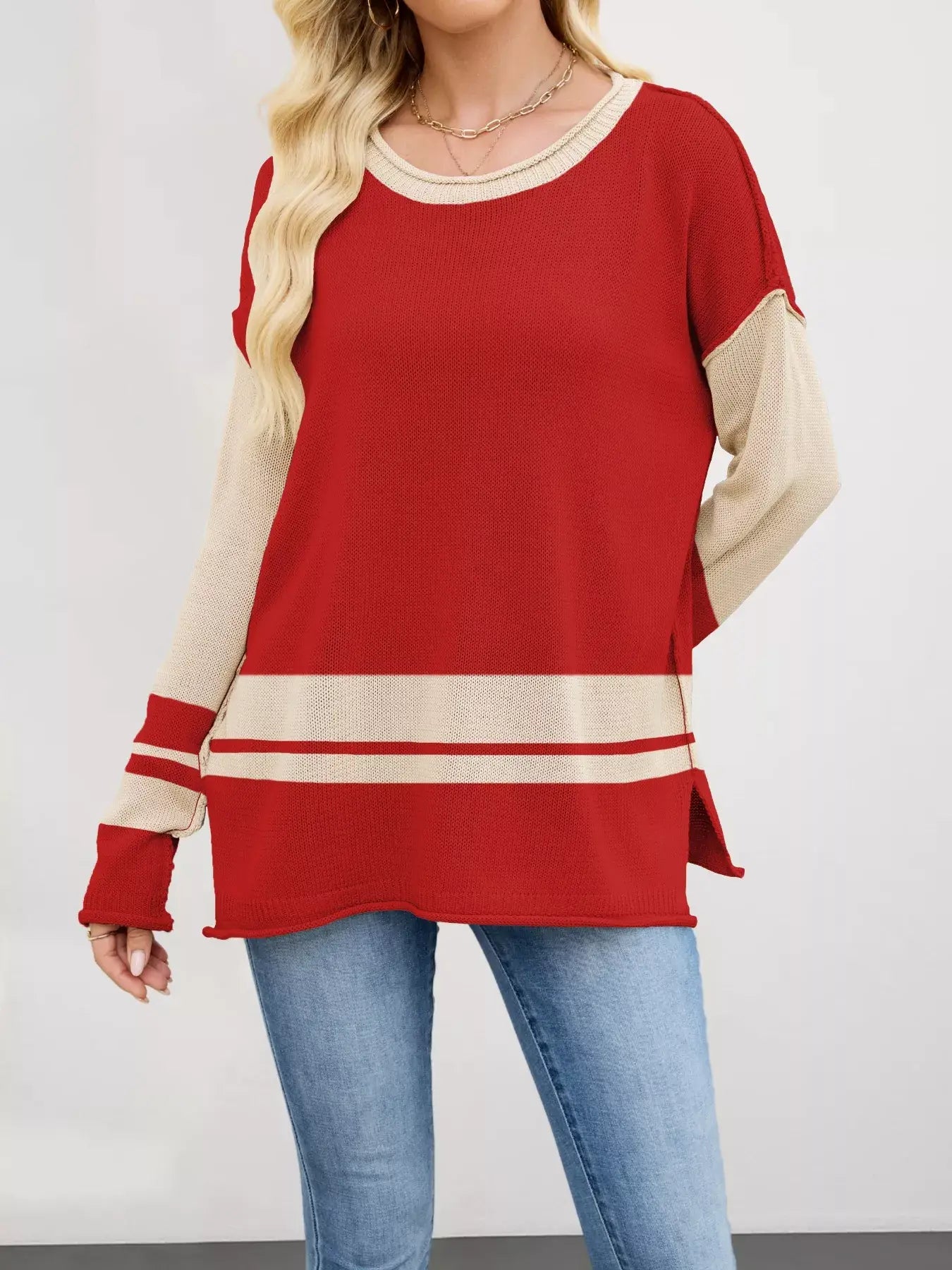 Color Block Side Slit Sweater - Trendsi - Flyclothing LLC