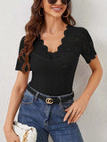 Lace Trim Eyelet Embroidered Summer T-Shirt - Trendsi - Flyclothing LLC