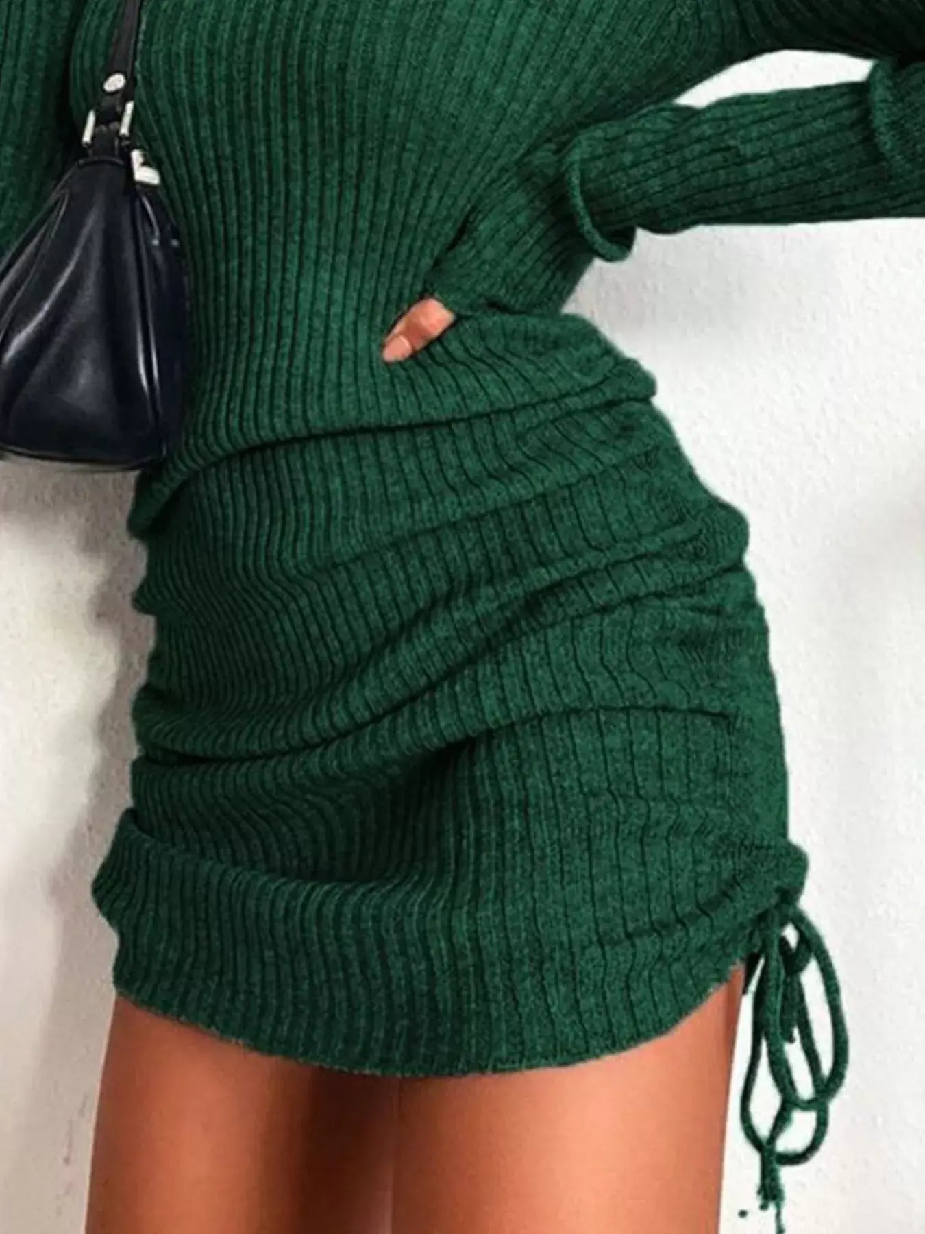 Full Size Ribbed Knit Drawstring Bodycon Sweater Dress Plus Size - Trendsi - Flyclothing LLC