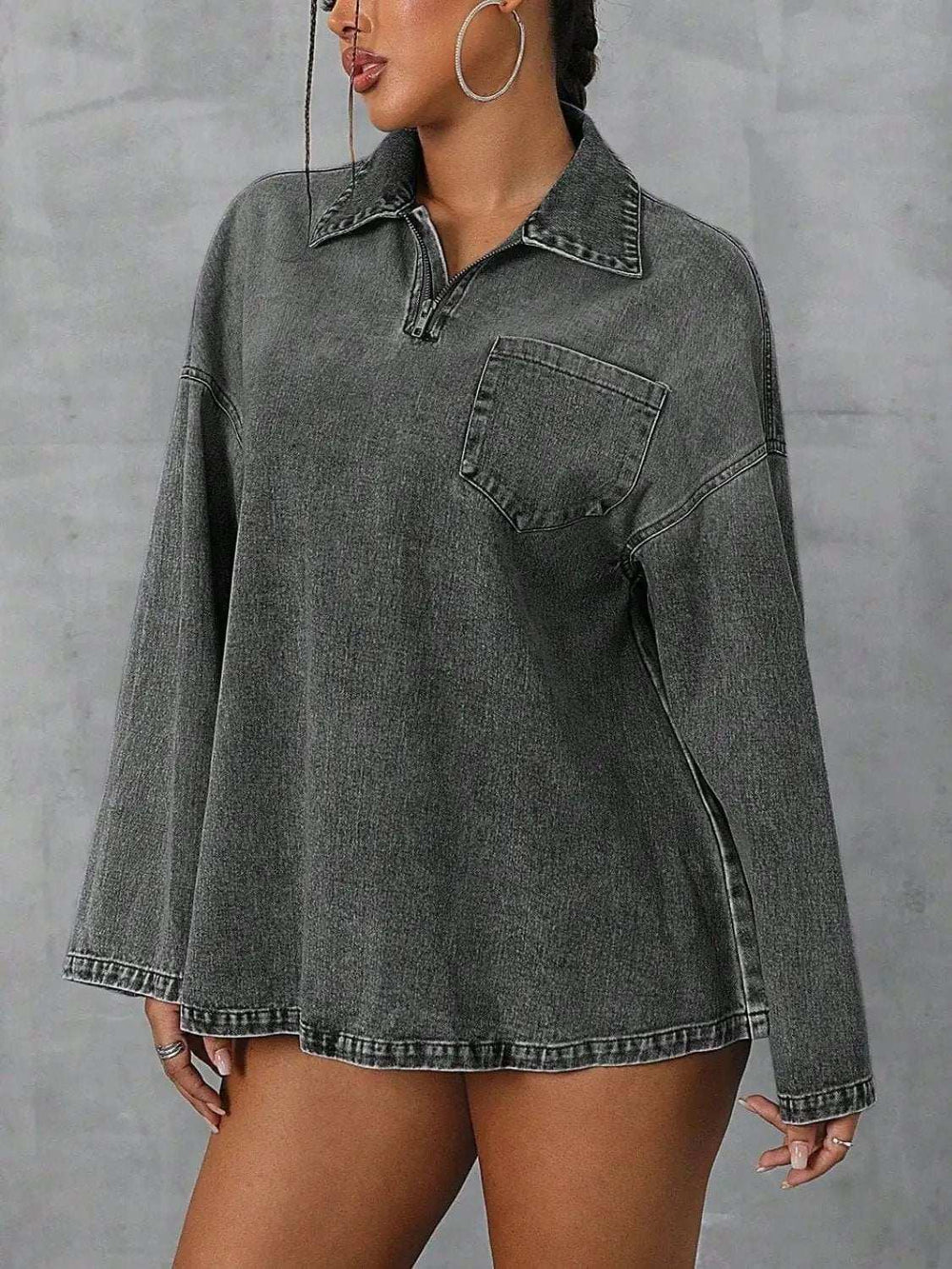 Collared Neck Drop Shoulder Denim Top - Trendsi - Flyclothing LLC