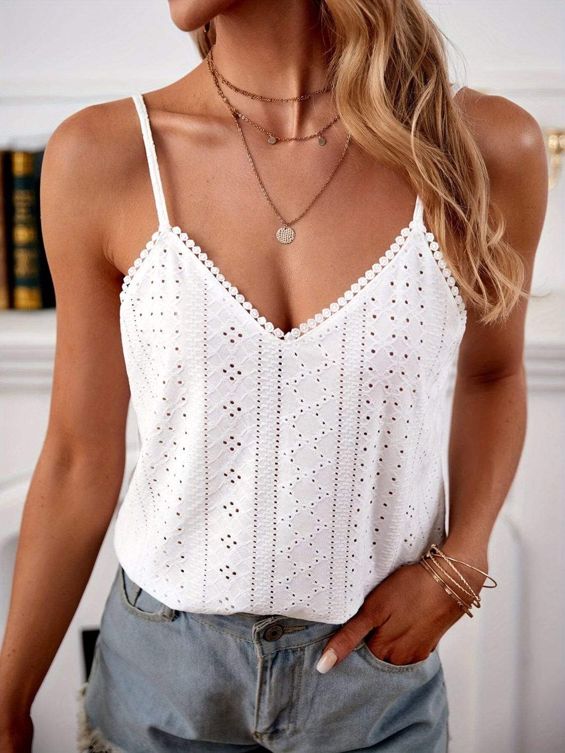 Eyelet Lace Detail V-Neck Cami - Trendsi - Flyclothing LLC