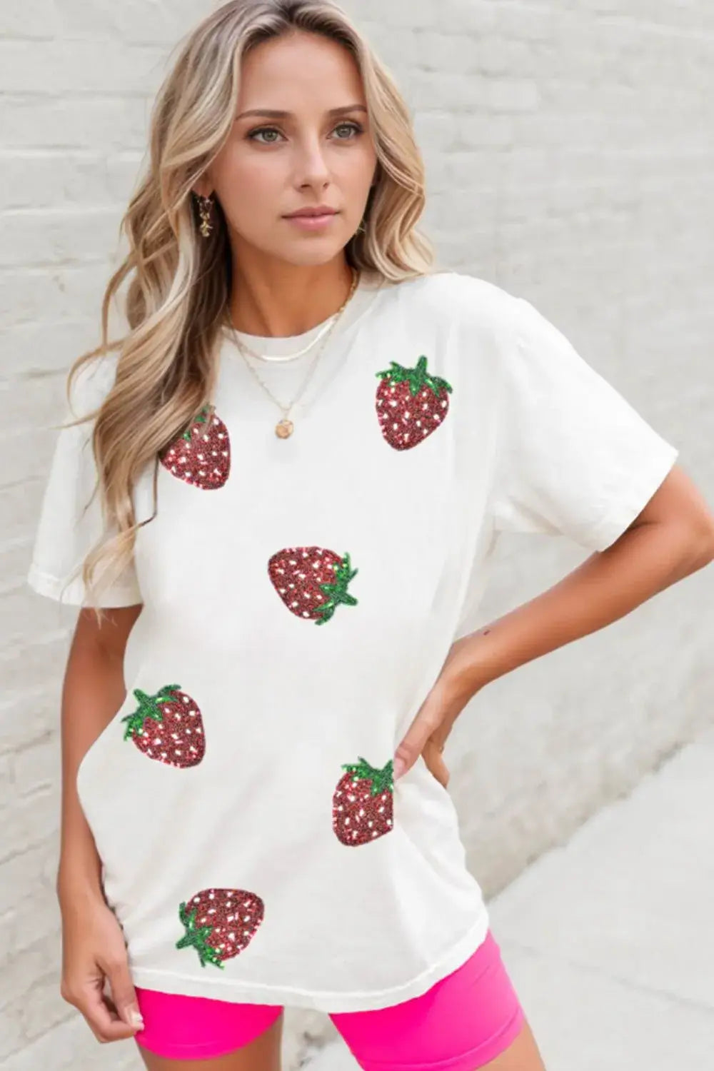 Sequin Strawberry Crew Neck Short Sleeve T Shirt - Trendsi - Flyclothing LLC