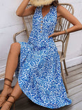 Perfee Decorative Button Printed Notched Sleeveless Midi Dress - Trendsi - Flyclothing LLC