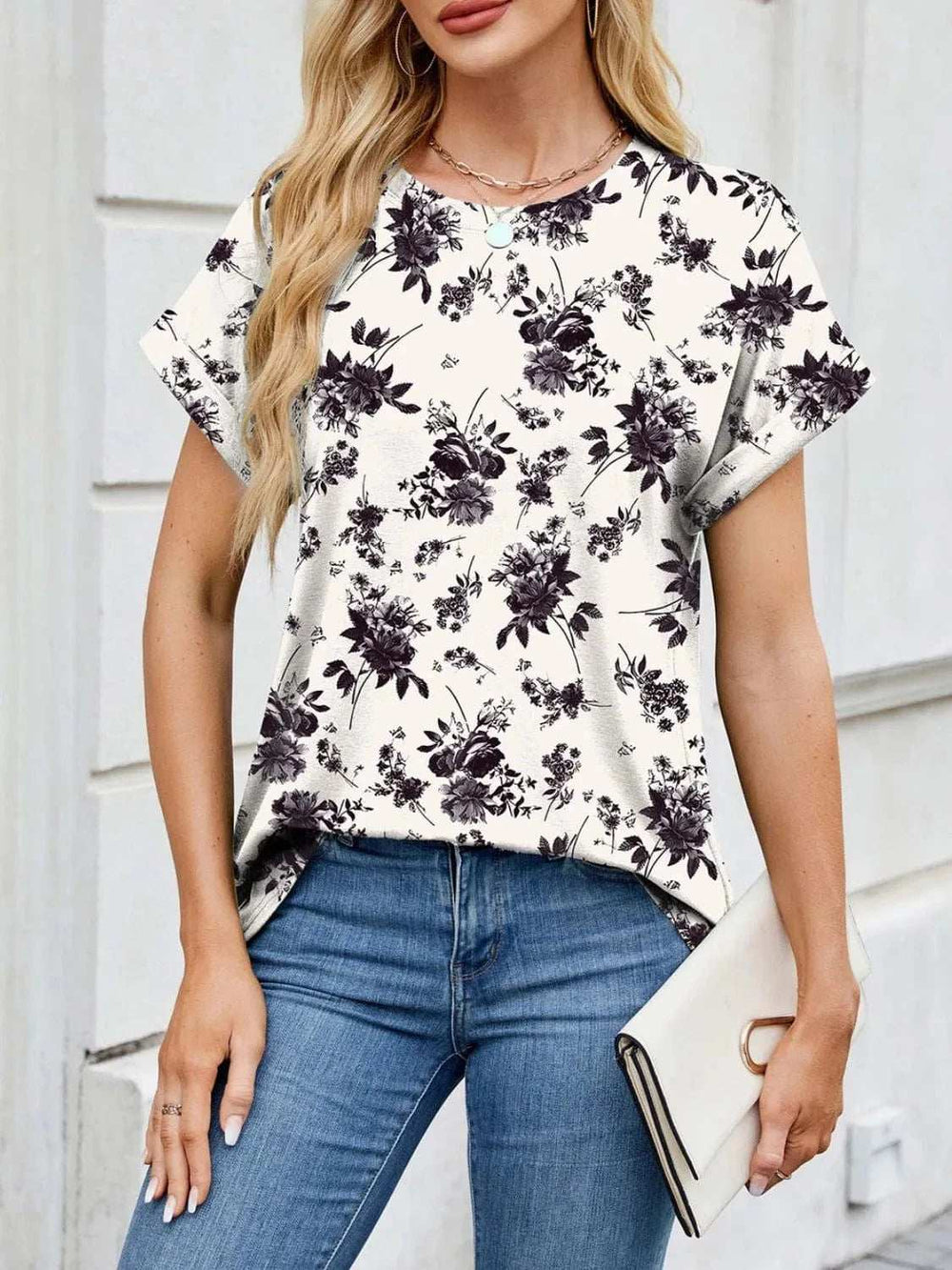 Printed Round Neck Short Sleeve Top - Trendsi - Flyclothing LLC