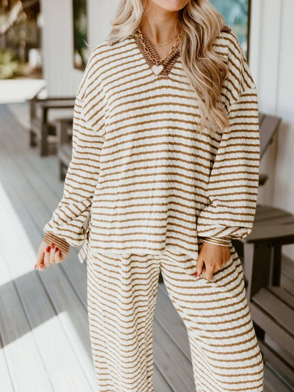 Stripe Collared Top and Drawstring Pant Set - Trendsi - Flyclothing LLC