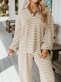 Stripe Collared Top and Drawstring Pant Set - Trendsi - Flyclothing LLC