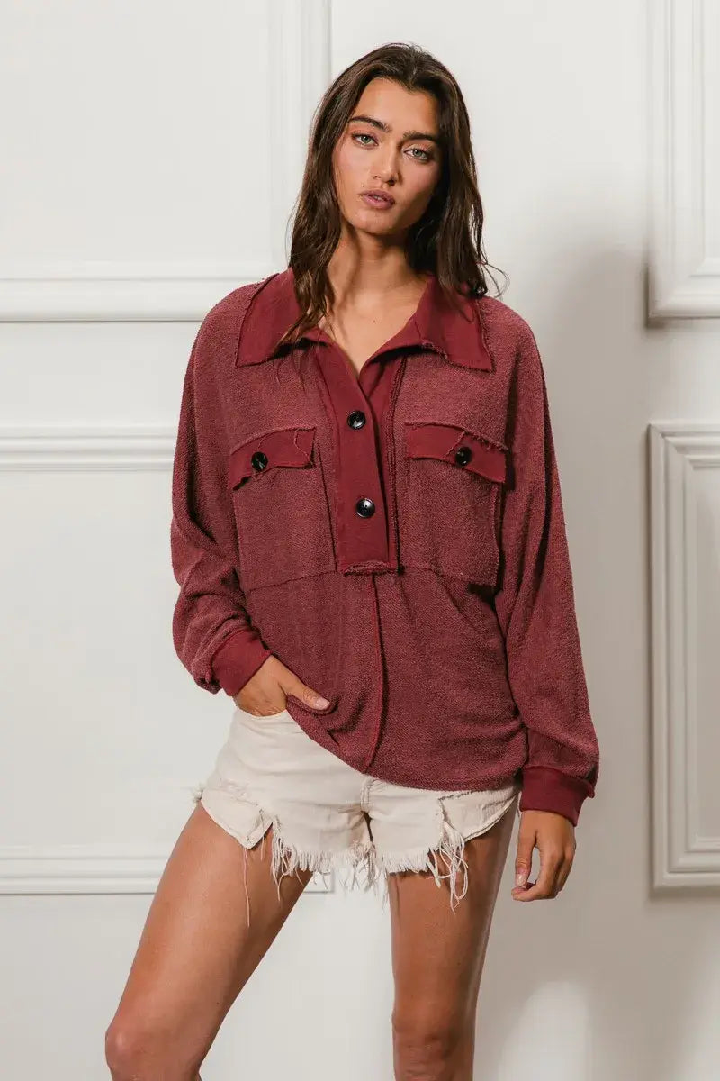 BiBi Cp French Terry Cut Edge Detail Collared Top - Trendsi - Flyclothing LLC