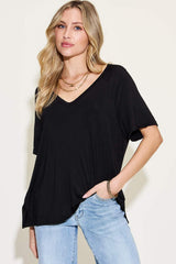 Basic Bae Full Size Bamboo Slit V-Neck Short Sleeve T-Shirt - Trendsi - Flyclothing LLC