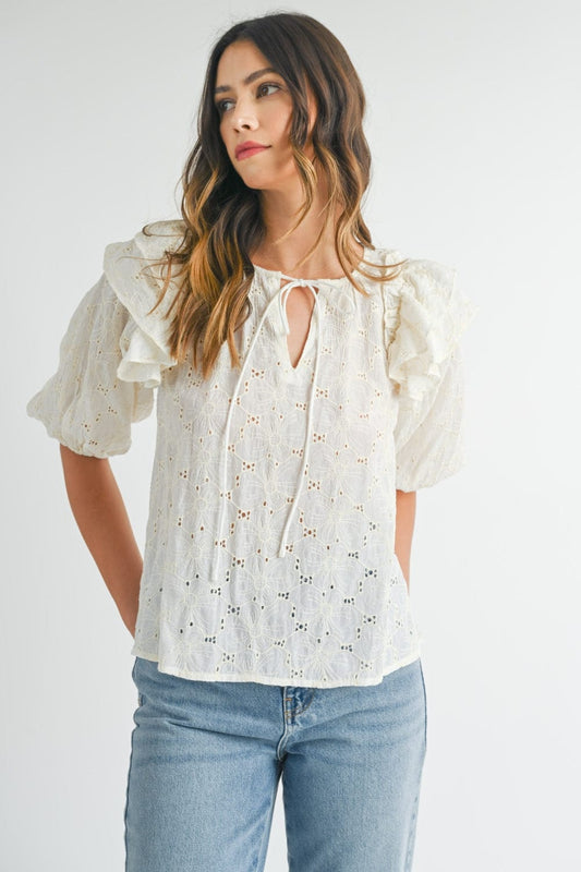 MABLE Eyelet Lace Ruffle Shoulder Puff Sleeve Blouse - Trendsi