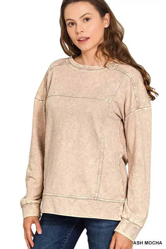 Zenana Acid Wash French Terry Exposed-Seam Pullover - Trendsi - Flyclothing LLC