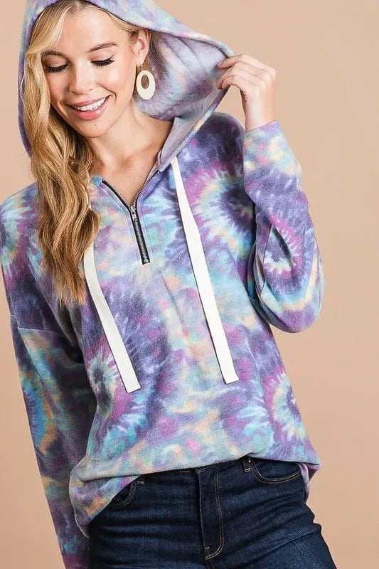 BiBi Brushed Circular Tie Dye Print Terry Hoodie - Trendsi - Flyclothing LLC