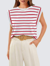 Striped Round Neck Cap Sleeve T-Shirt - Trendsi - Flyclothing LLC