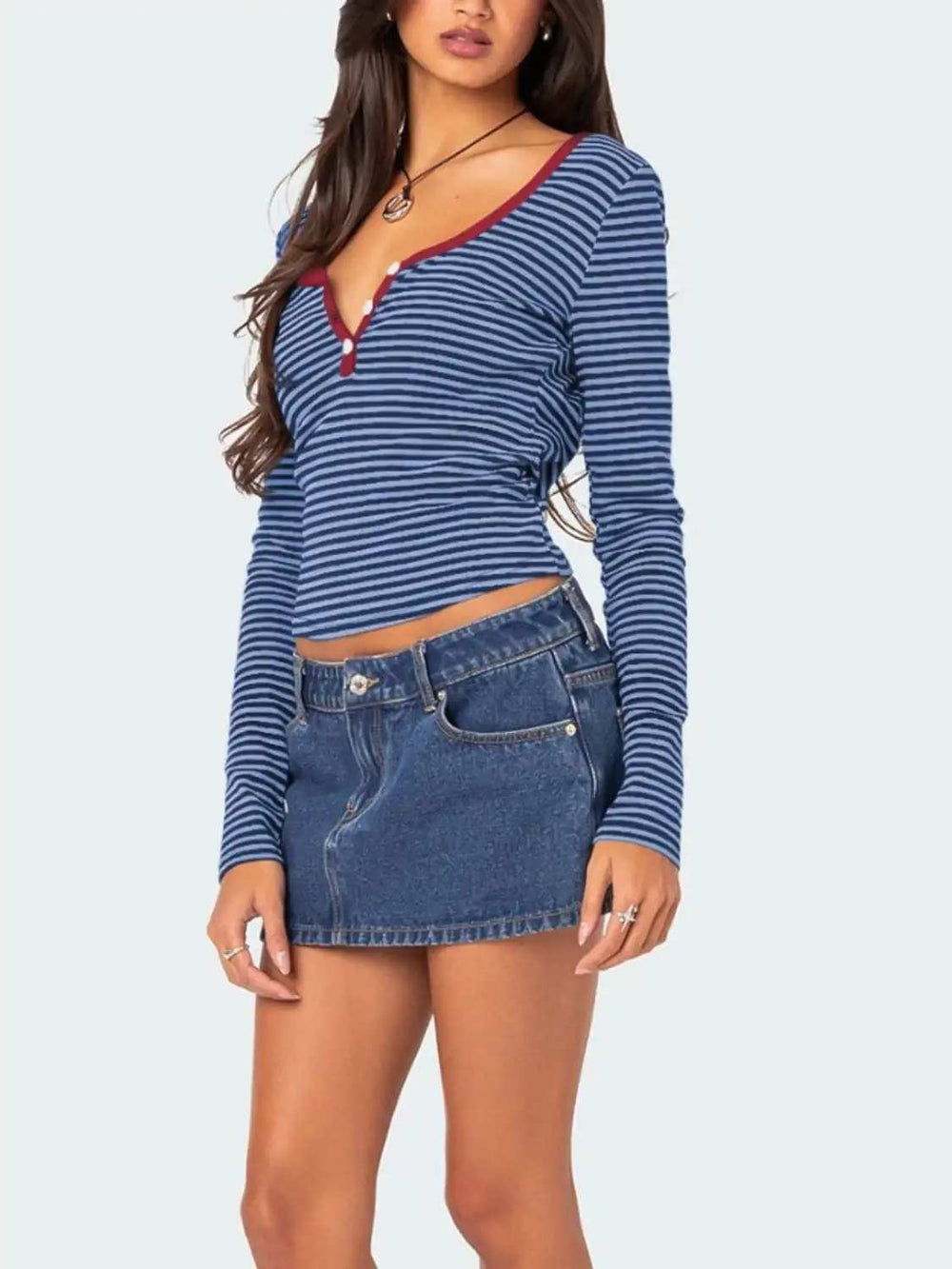 Buttoned Striped Long Sleeve T-Shirt - Trendsi - Flyclothing LLC