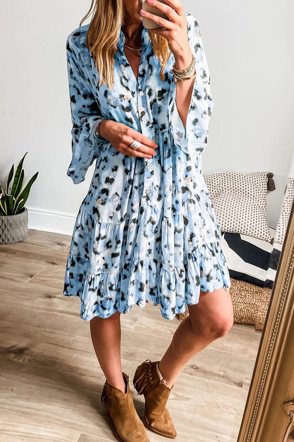 Leopard Notched Long Sleeve Tiered Dress - Trendsi