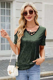 Sequin Cold Shoulder Short Sleeve Blouse - Trendsi - Flyclothing LLC