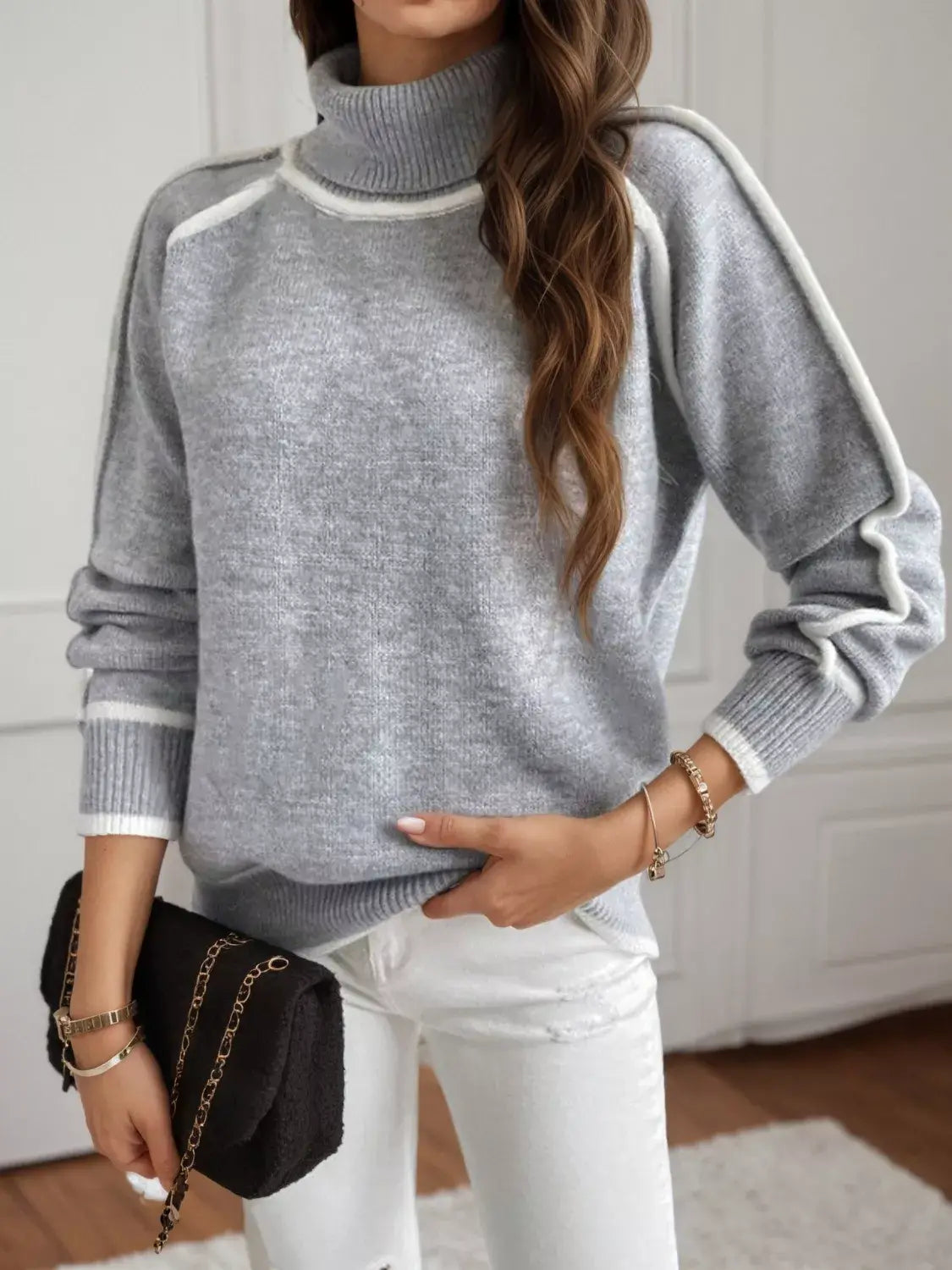 Full Size Turtleneck Contrast Trim Sweater Plus Size - Trendsi - Flyclothing LLC